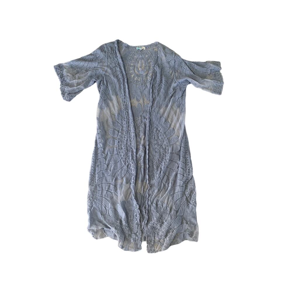 Rebellion Again Boho Beach Duster Open Front  Blue Embroidered Cover Up Small